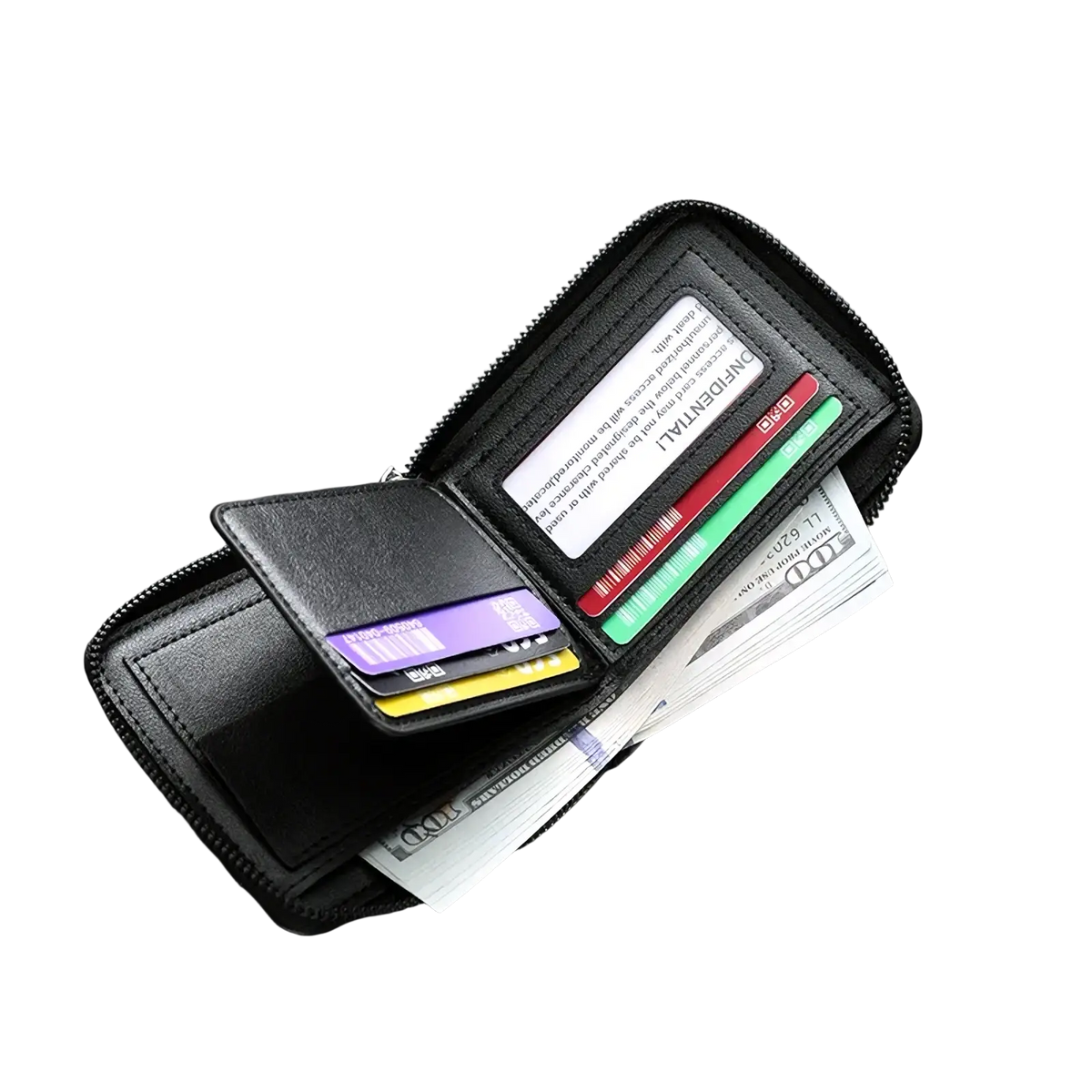 Black leather RFID mens wallet with zipper featuring four card slots, transparent window, button pocket, and cash slot