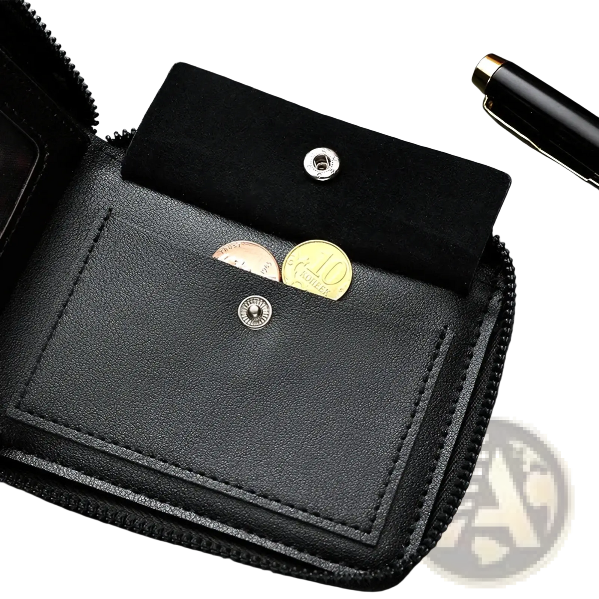 Black leather rfid mens wallet with zipper closure and two silver snap buttons on the coin compartment