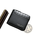 Black leather RFID mens wallet with crocodile texture flap and Dingrui style leather embossed on the front