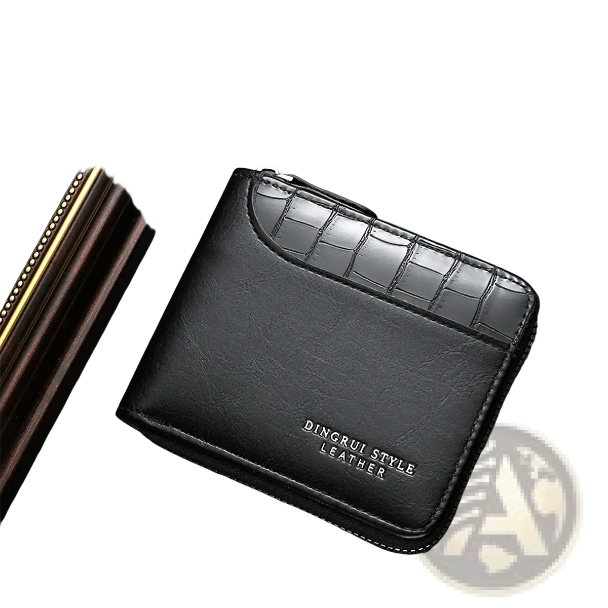 Black leather RFID mens wallet with crocodile texture flap and Dingrui style leather embossed on the front