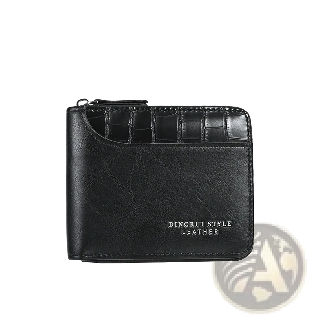 Black leather rfid mens wallet with crocodile-textured top flap and dingrui style leather embossed in silver