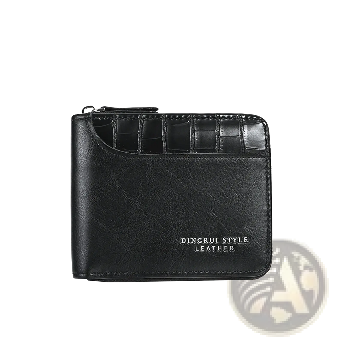 Black leather rfid mens wallet with crocodile-textured top flap and dingrui style leather embossed in silver