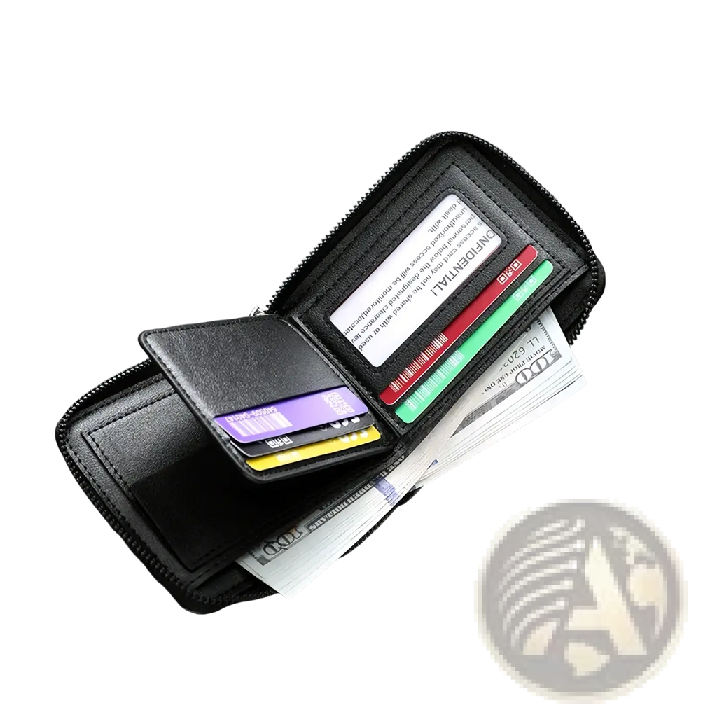 Black leather RFID mens wallet with zipper featuring four card slots, transparent window, button pocket, and cash slot