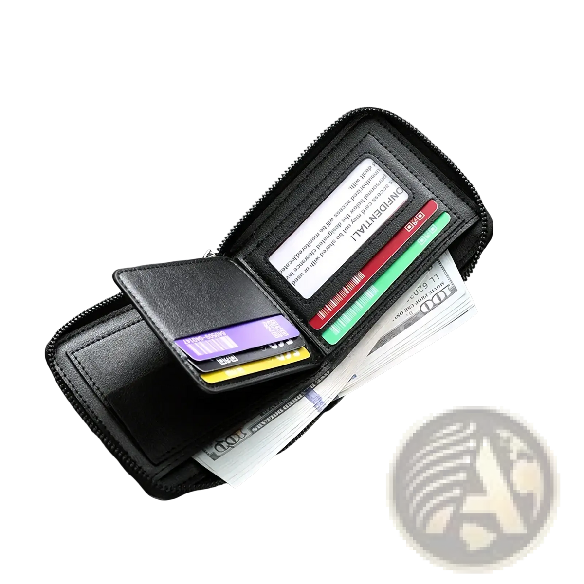 Black leather RFID mens wallet with zipper featuring four card slots, transparent window, button pocket, and cash slot