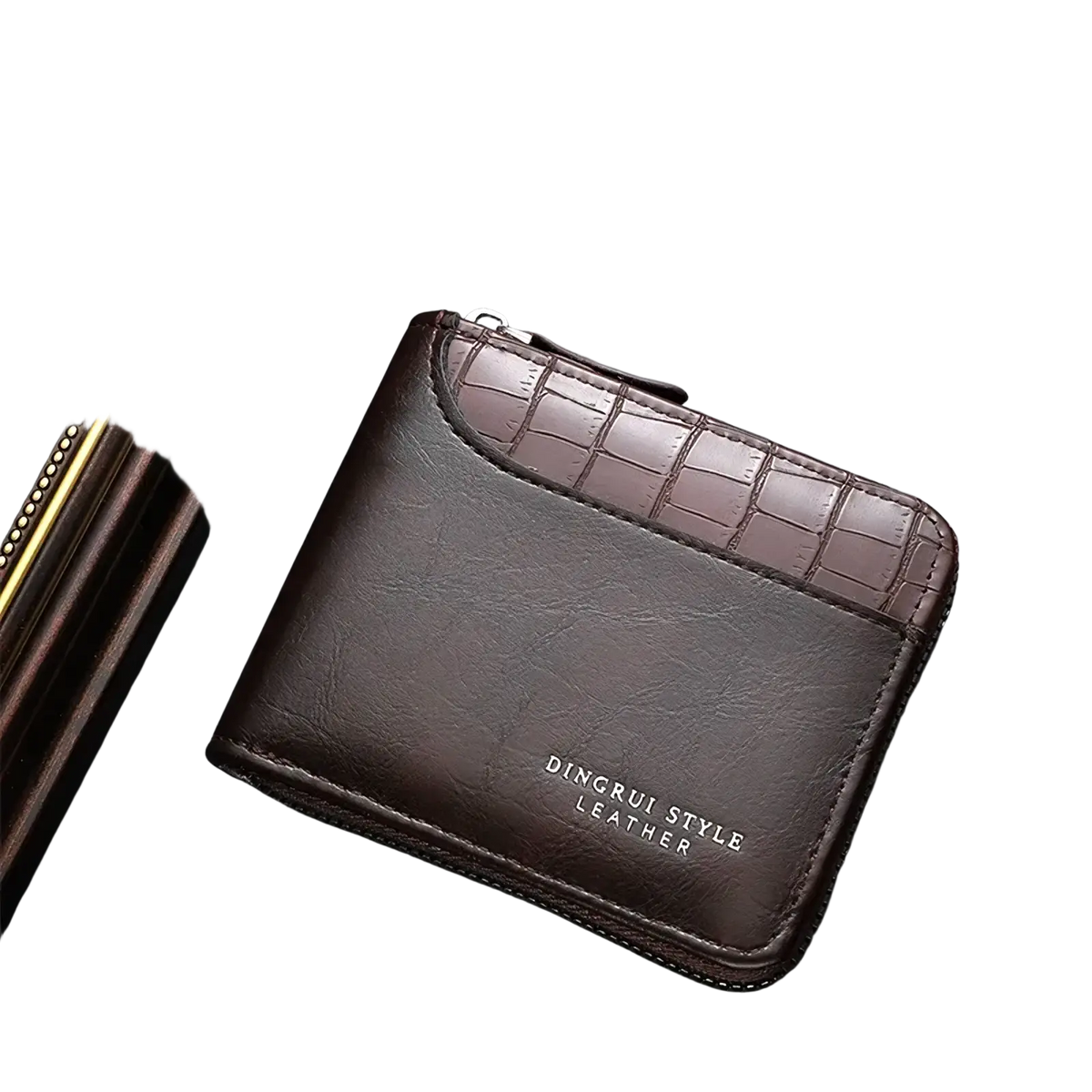 Brown leather RFID mens wallet with crocodile-textured flap and dingrui style leather embossed on the front