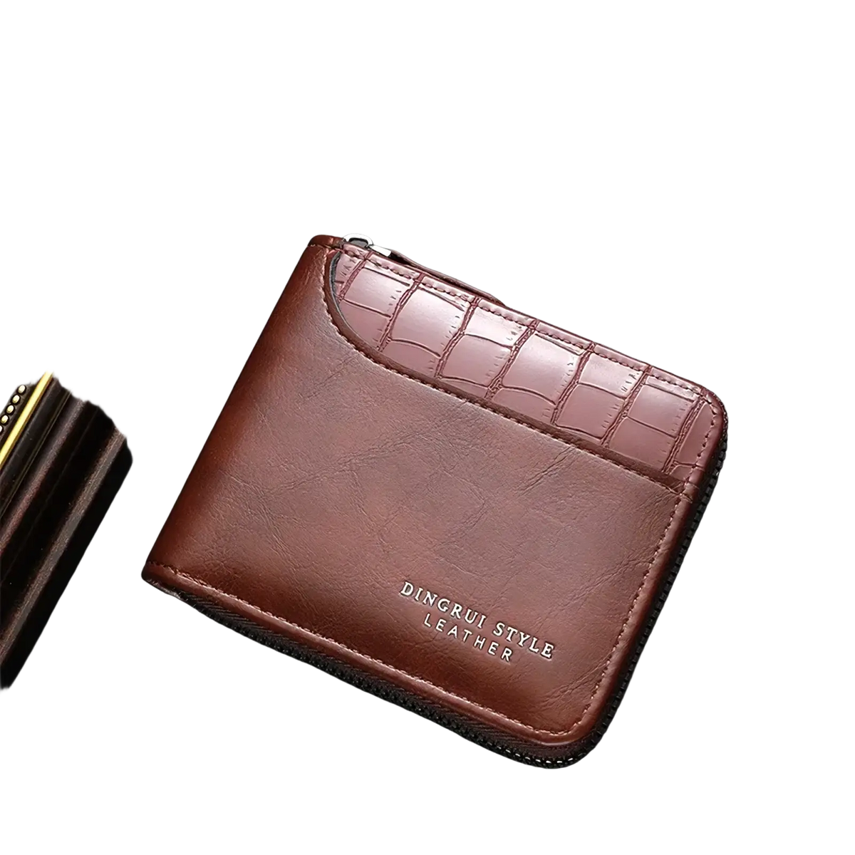 Brown leather RFID mens wallet with crocodile-textured top flap and dingrui style leather embossed in silver