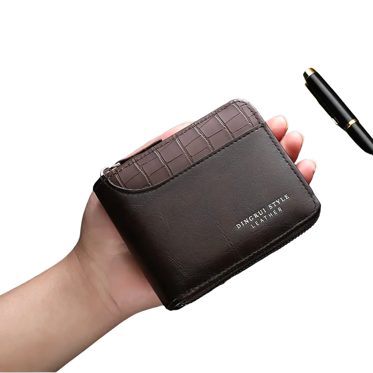 Brown leather RFID mens wallet with zipper and coin pocket featuring crocodile-textured top flap and dingrui style embossed