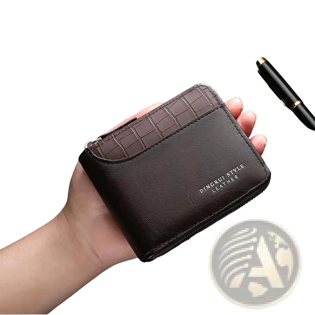 Brown leather RFID mens wallet with zipper and coin pocket featuring crocodile-textured top flap and dingrui style embossed