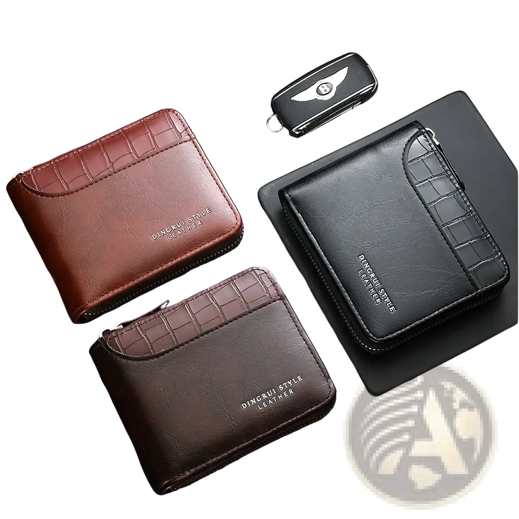 Three compact rfid leather mens wallets in brown and black crocodile texture with zipper closure and embossed branding