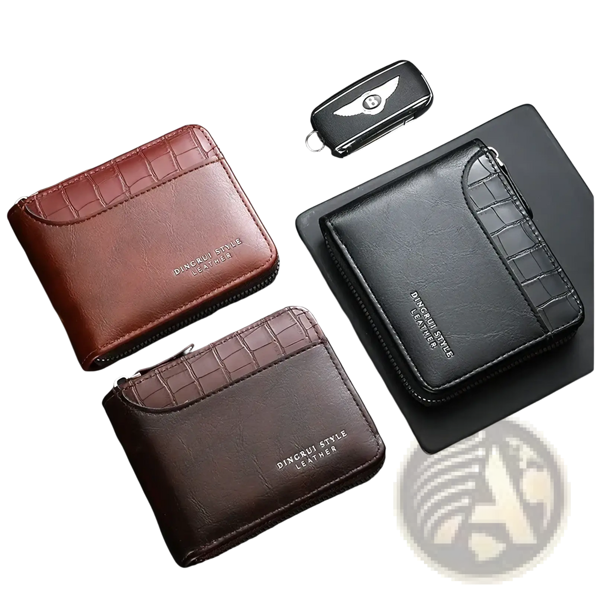 Three compact rfid leather mens wallets in brown and black crocodile texture with zipper closure and embossed branding