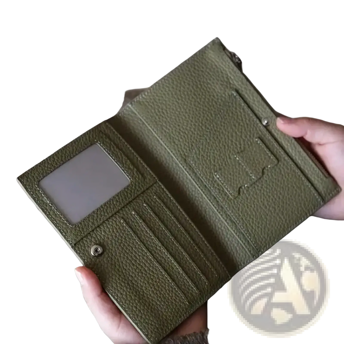 Olive green textured leather rfid travel wallet with clear id window and multiple card slots for passport protection