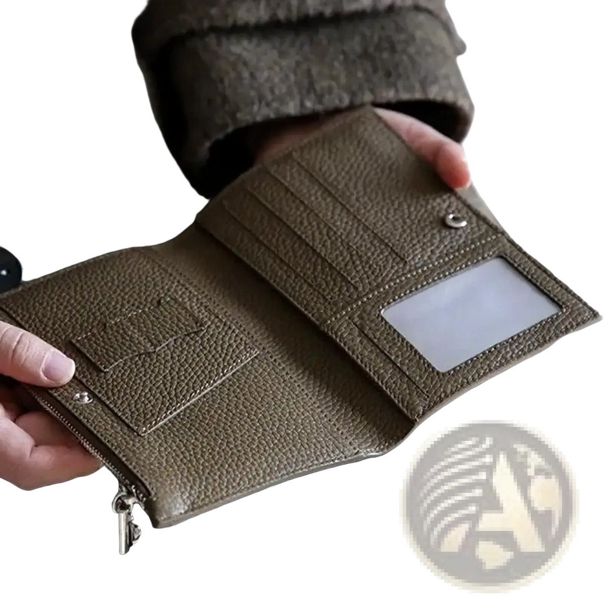 Olive green textured leather rfid passport holder travel wallet with key-shaped zipper pull and clear id window