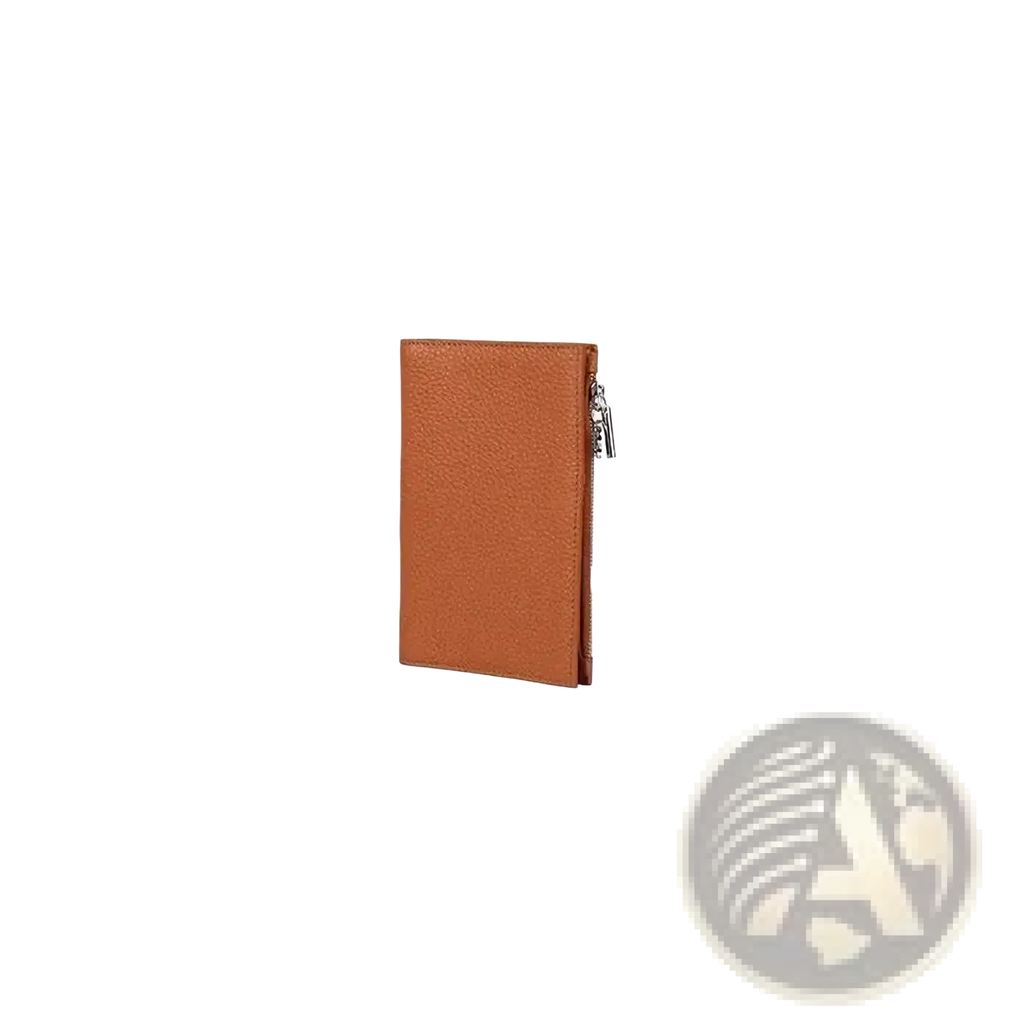 Tan leather rfid passport holder travel wallet with zipper closure and metallic pull tab for secure storage