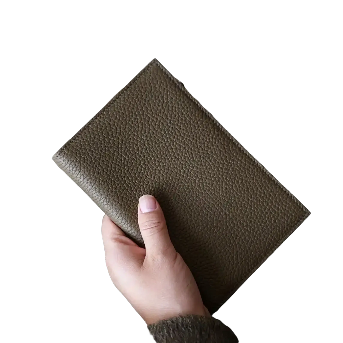 A taupe-colored textured leather RFID passport holder travel wallet with a subtle pebbled finish