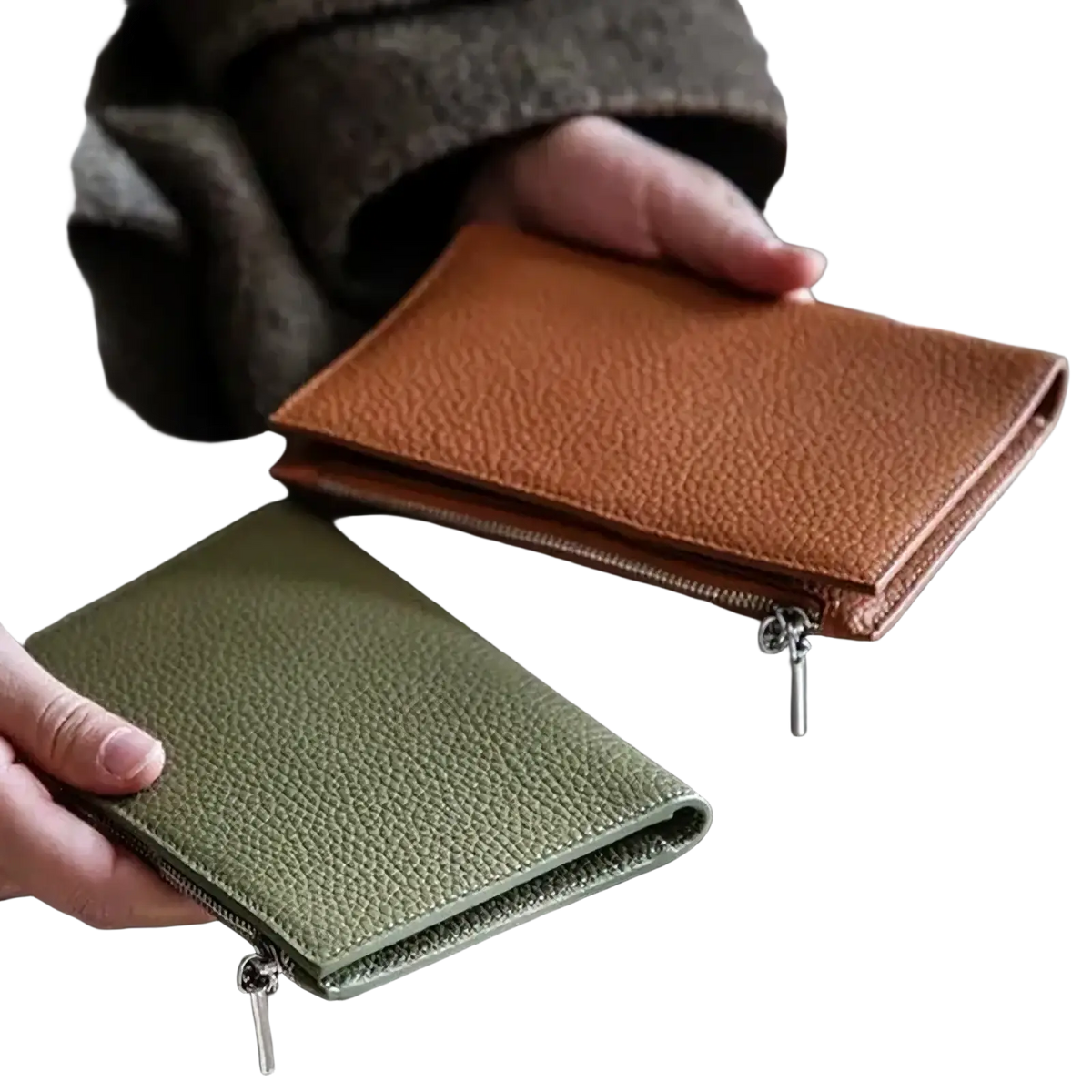 Rfid leather passport holder travel wallets in textured brown and muted olive green with secure zippered closures
