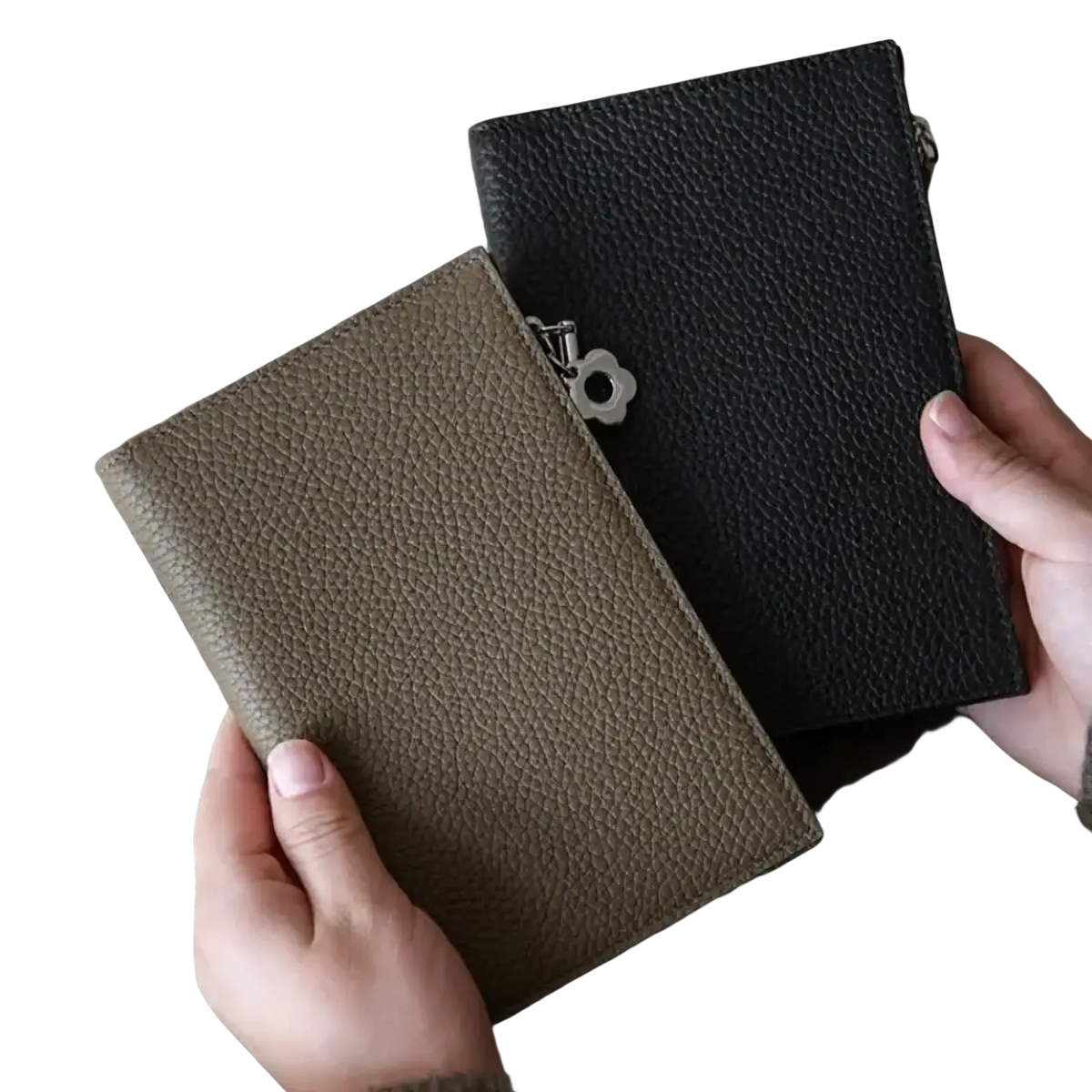 Two textured leather rfid passport holder travel wallets in muted olive and black with silver flower zipper pulls
