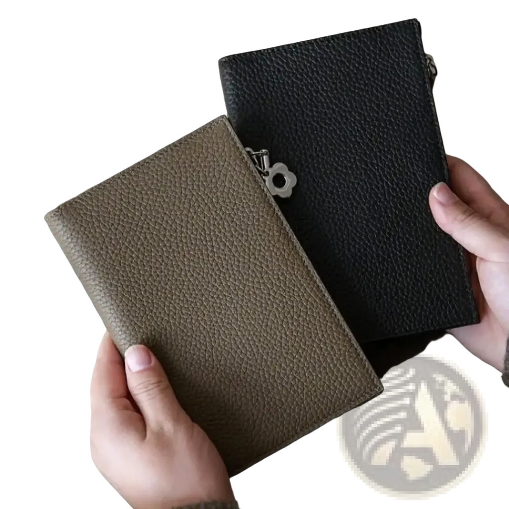 Two textured leather rfid passport holder travel wallets in muted olive and black with silver flower zipper pulls
