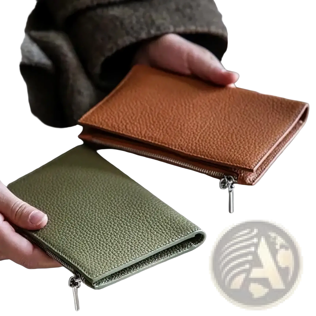 Rfid leather passport holder travel wallets in textured brown and muted olive green with secure zippered closures