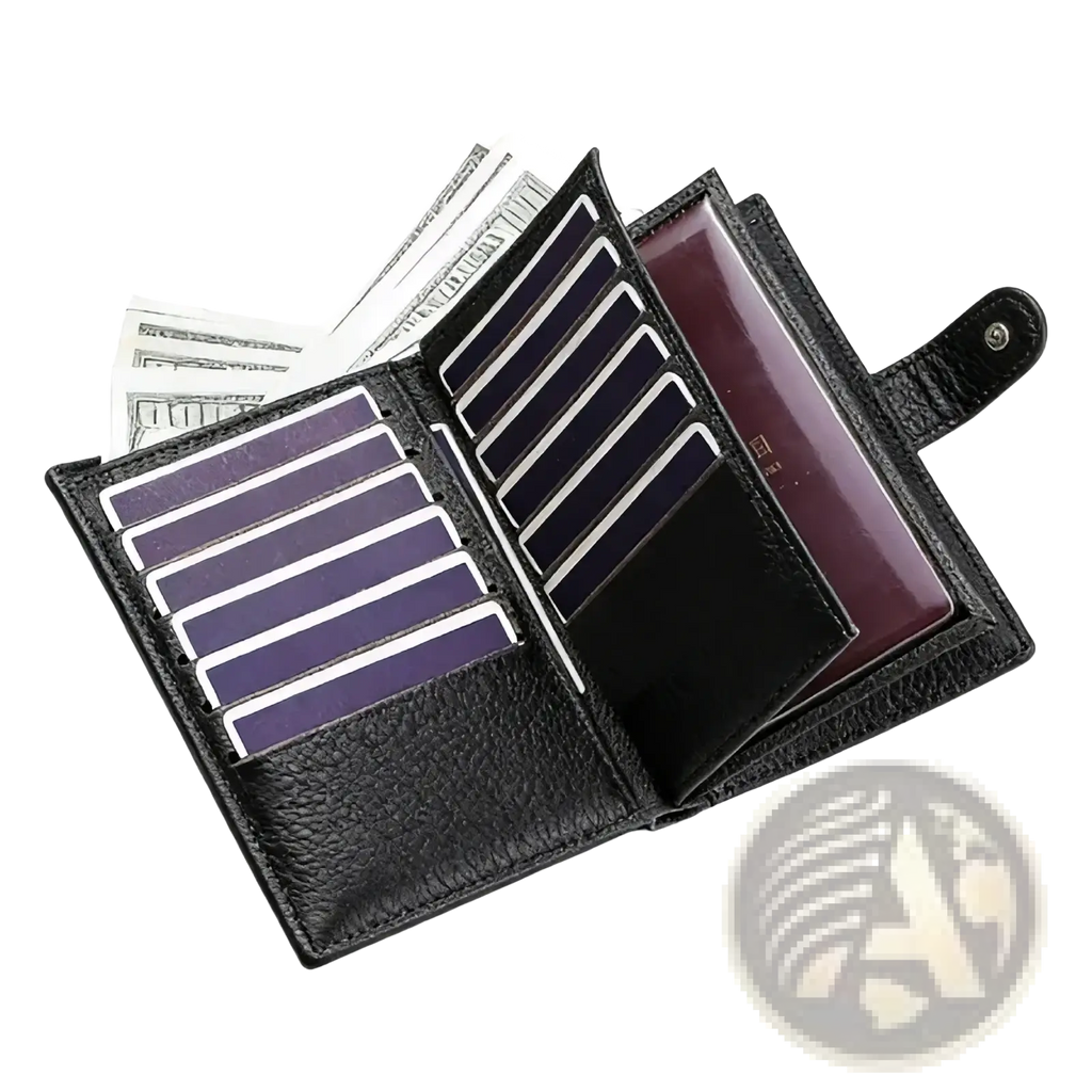 Black textured leather rfid travel passport wallet with multiple card slots and large capacity compartment