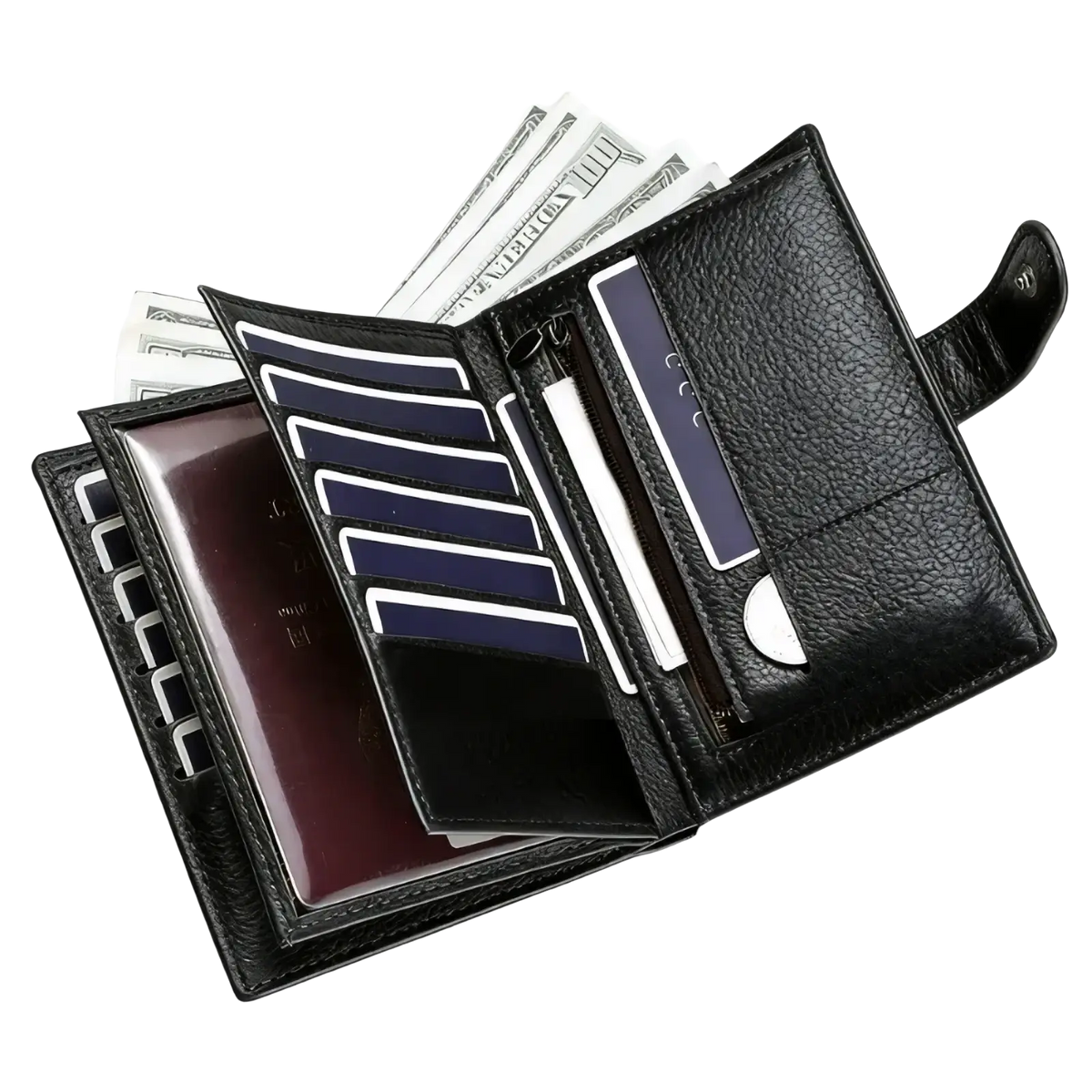 Black textured leather rfid travel passport wallet with multiple card slots and zippered compartment large capacity