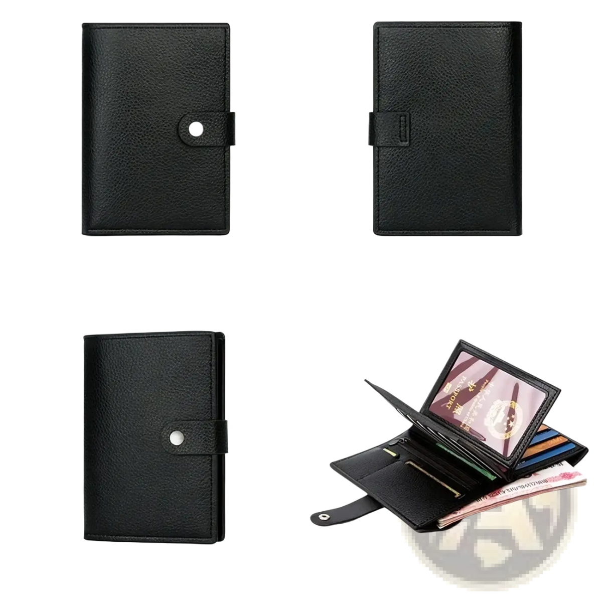 Black textured leather rfid travel passport wallet with snap-button closure and multiple card slots for large capacity
