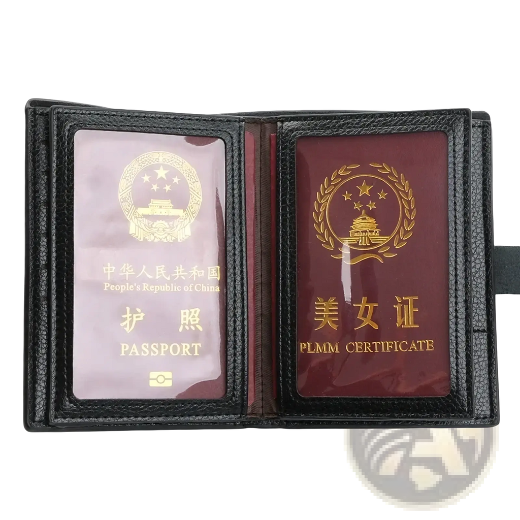 Black textured leather RFID travel passport wallet with large capacity and clear pockets holding Chinese passport and card