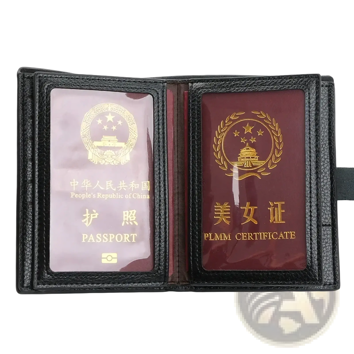 Black textured leather RFID travel passport wallet with large capacity and clear pockets holding Chinese passport and card