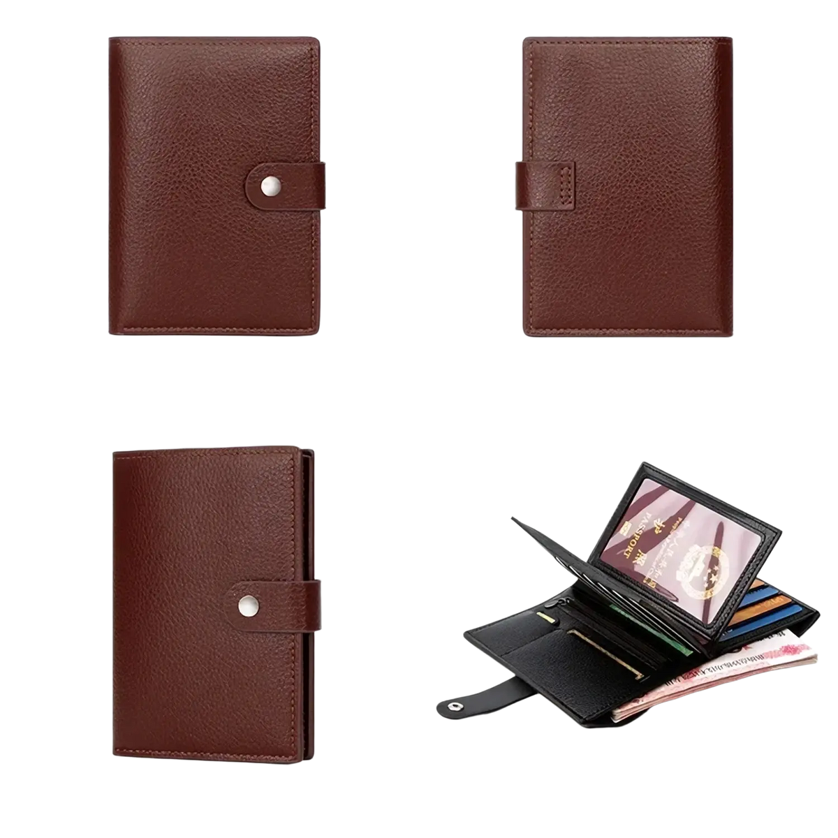 Brown leather rfid travel passport wallet with silver snap button and interior compartments for cards and cash