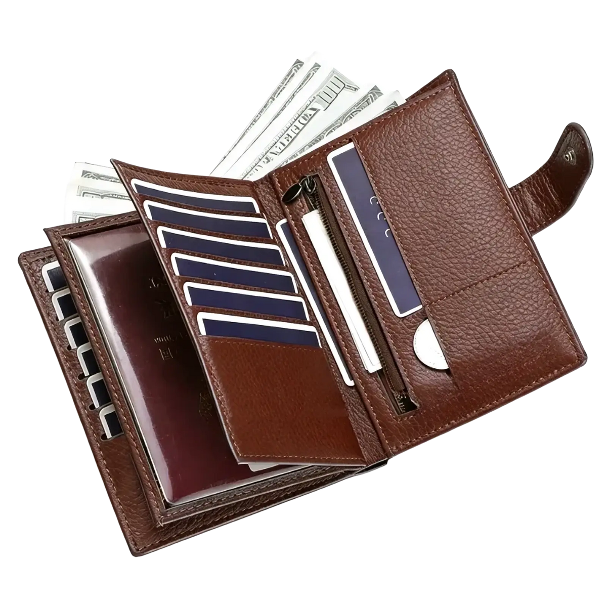 Brown leather rfid travel passport wallet with textured surface multiple card slots and zippered compartment