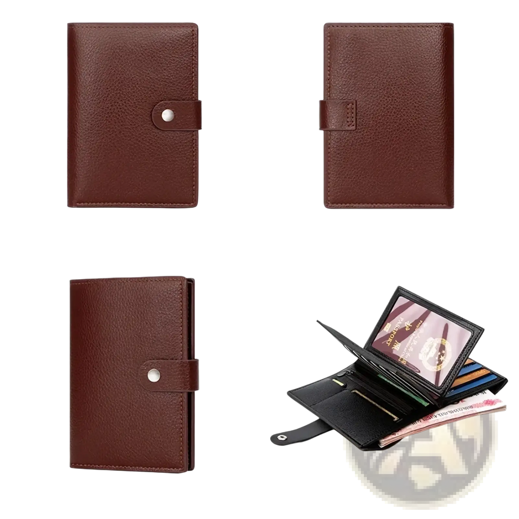Brown leather rfid travel passport wallet with silver snap button and interior compartments for cards and cash