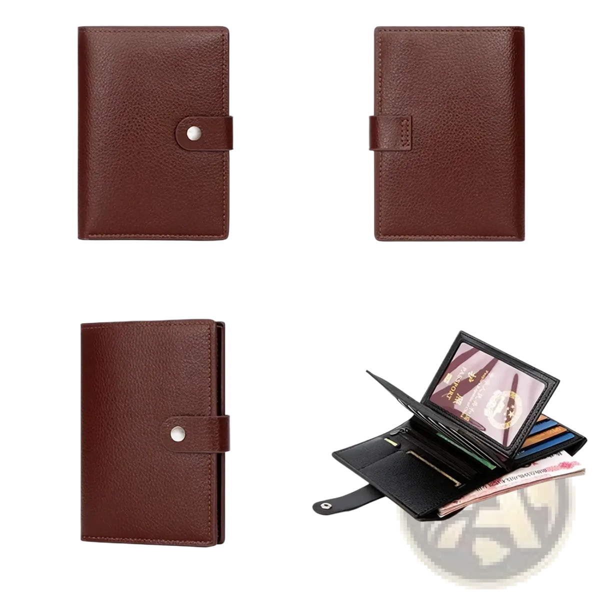 Brown leather rfid travel passport wallet with silver snap button and interior compartments for cards and cash