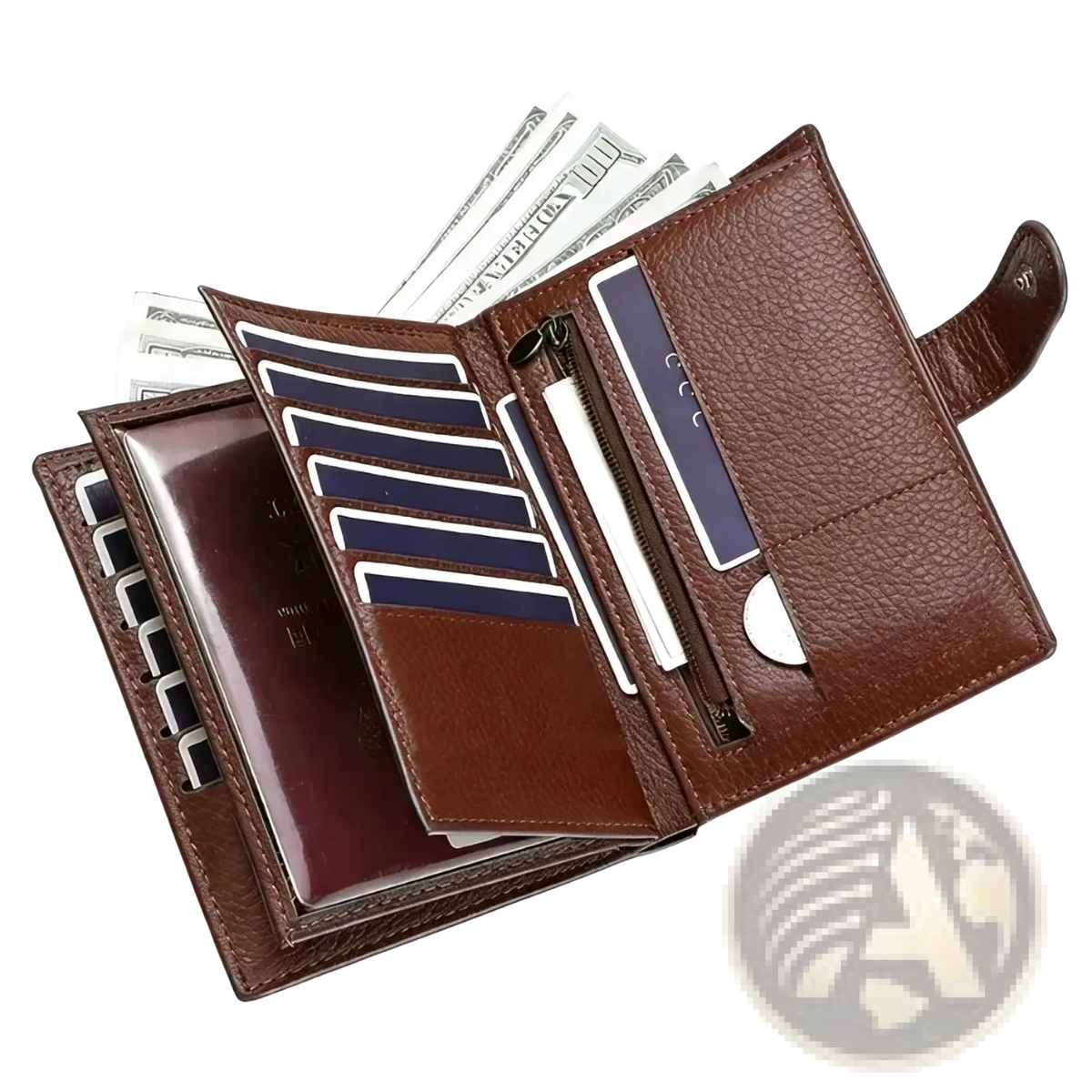 Brown leather rfid travel passport wallet with textured surface multiple card slots and zippered compartment