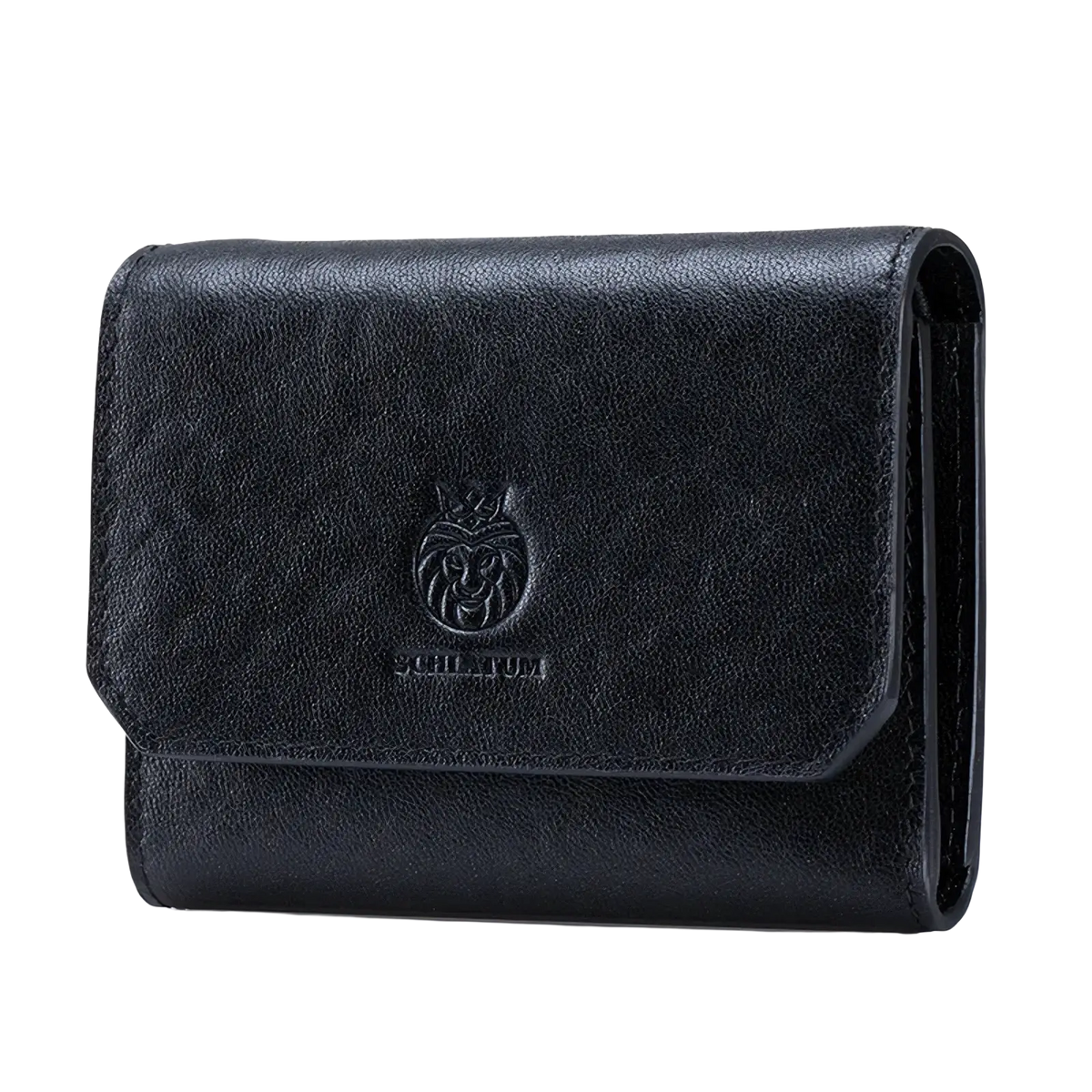 Black leather rfid tri-fold wallet for men with embossed lion logo and soultum brand name on front side