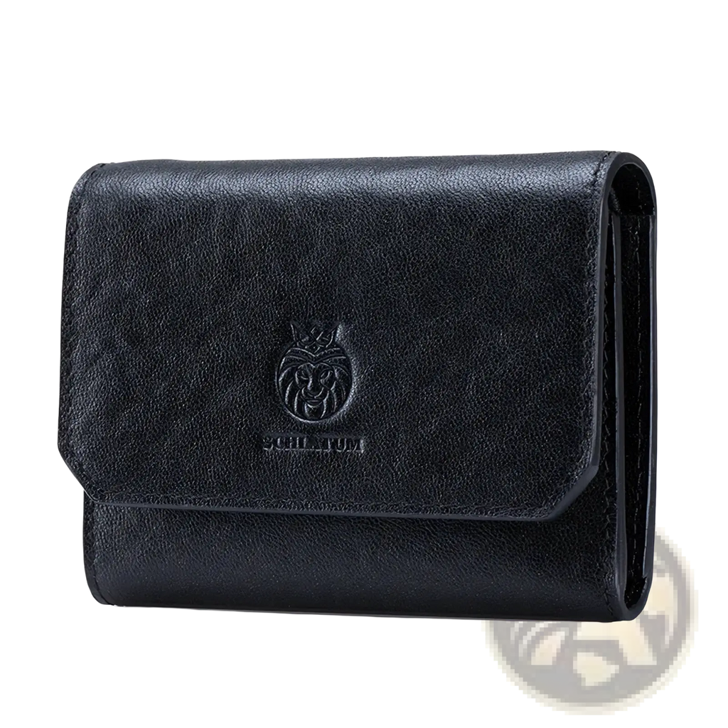 Black leather rfid tri-fold wallet for men with embossed lion logo and soultum brand name on front side