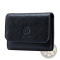 Black leather rfid tri-fold wallet for men with embossed lion logo and soultum brand name on front side