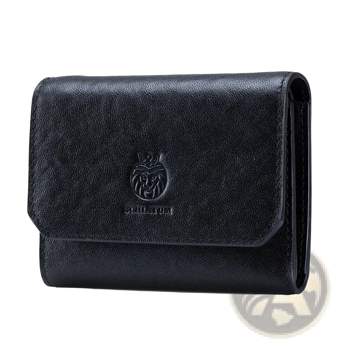 Black leather rfid tri-fold wallet for men with embossed lion logo and soultum brand name on front side