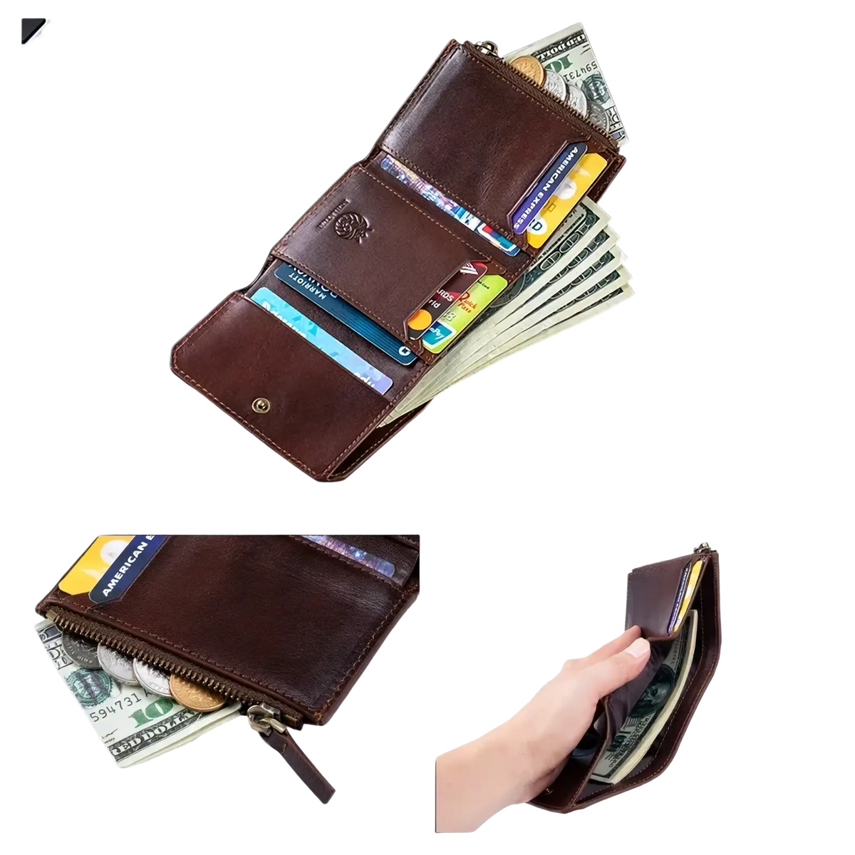 Brown leather rfid tri-fold wallet for men with 7 card slots, coin slot, and cash pockets