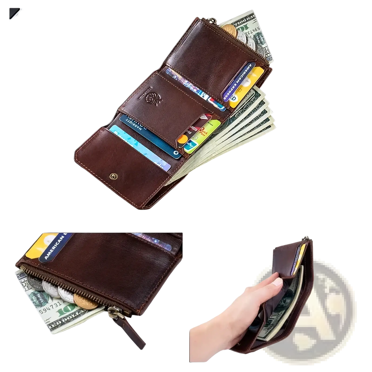 Brown leather rfid tri-fold wallet for men with 7 card slots, coin slot, and cash pockets
