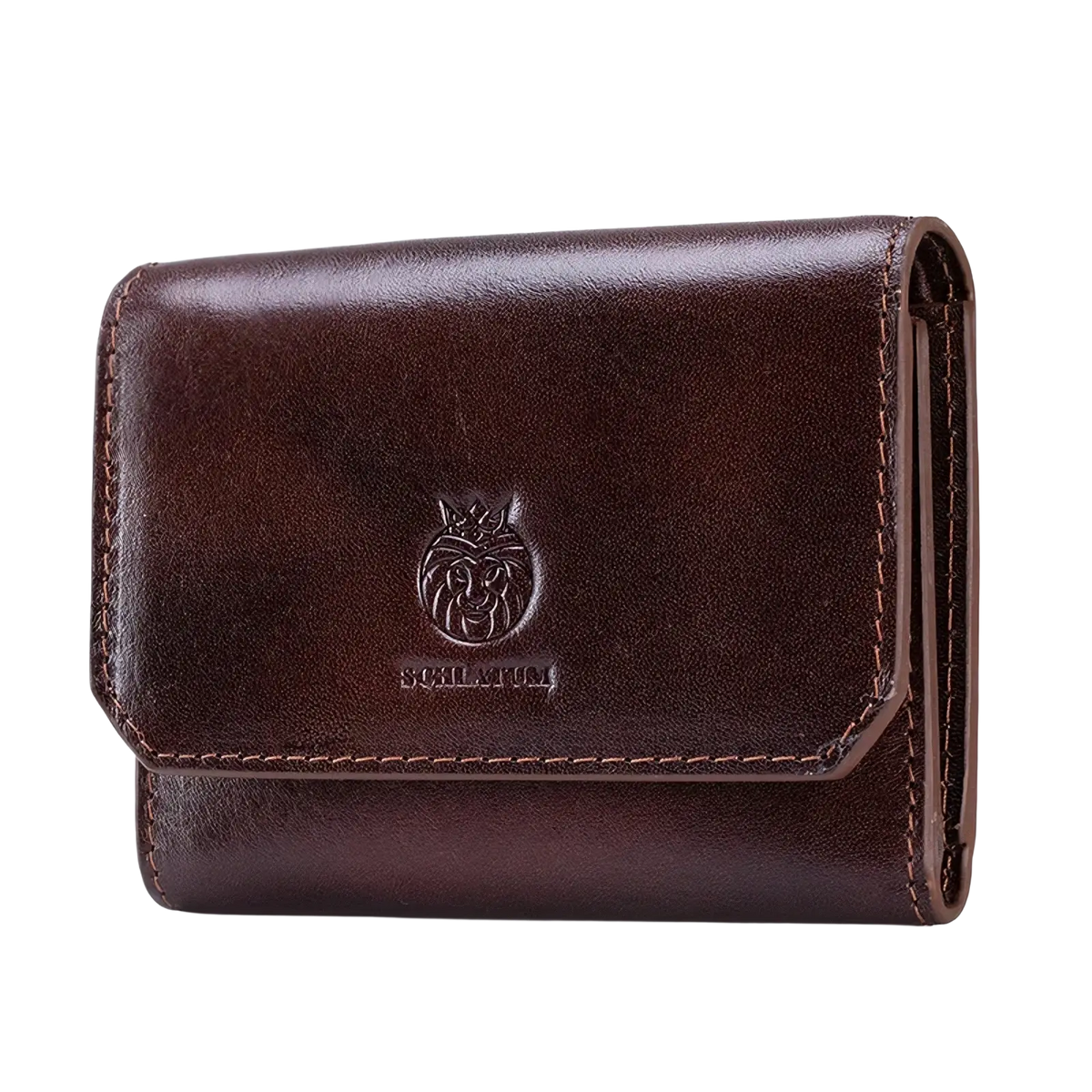 Brown leather rfid tri fold wallet for men embossed with lion logo and schlamm brand name visible on front side