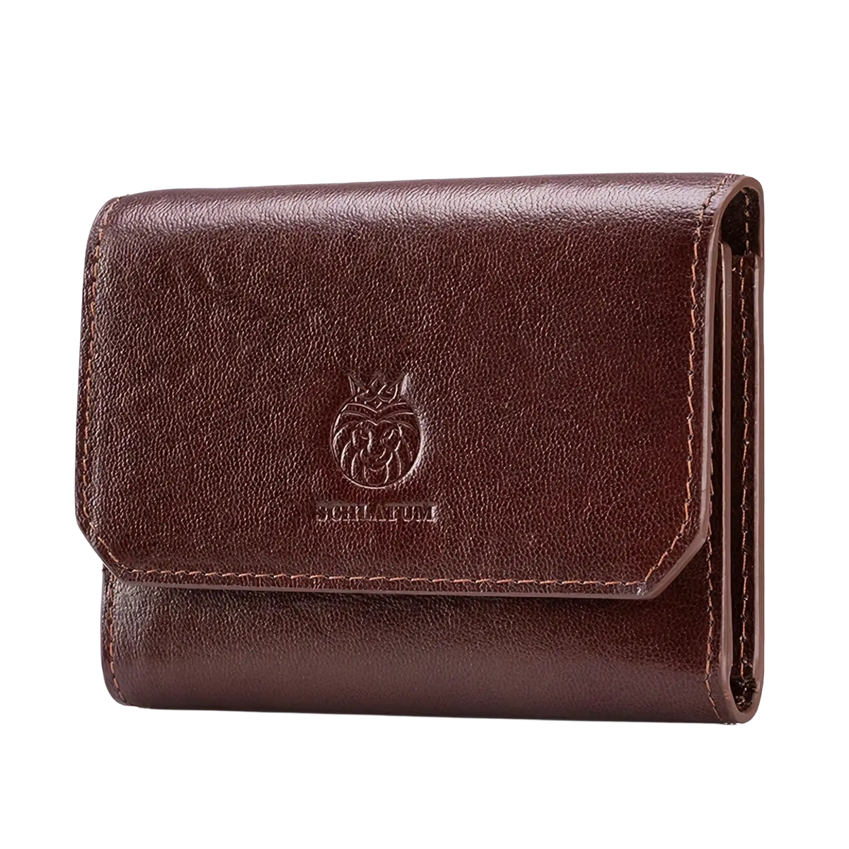 Brown leather rfid tri-fold wallet for men with embossed lion logo and schlatum brand name visible on front side