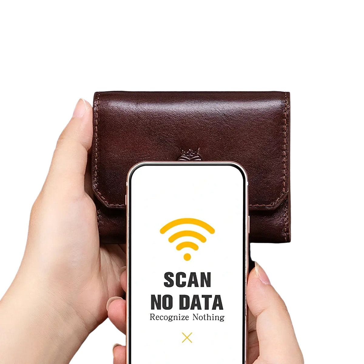 Brown leather rfid-blocking tri-fold wallet for men with stitched edges and subtle embossed logo