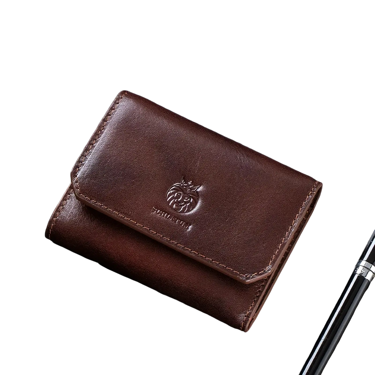Brown leather rfid tri-fold wallet for men with embossed lion logo and stitched edges visible on the back side