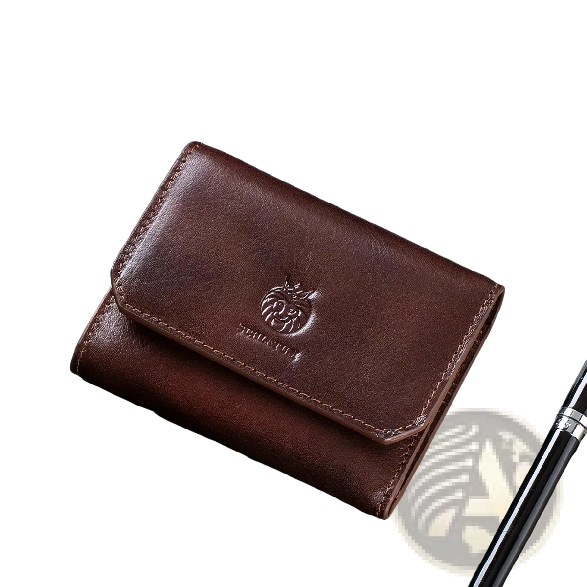 Brown leather rfid tri-fold wallet for men with embossed lion logo and stitched edges visible on the back side