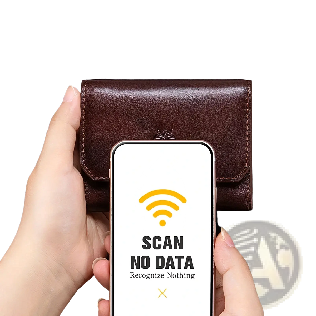 Brown leather rfid-blocking tri-fold wallet for men with stitched edges and subtle embossed logo