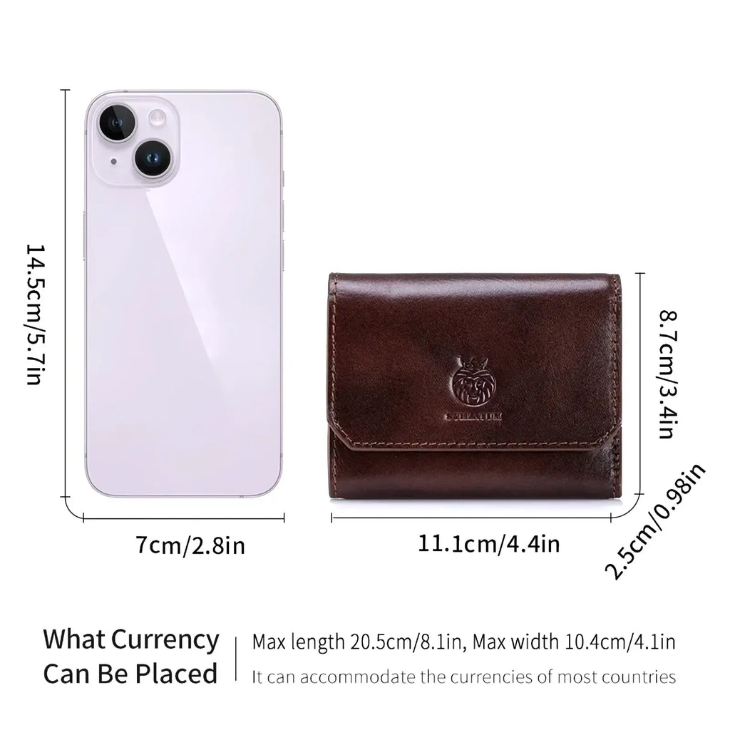 Brown leather rfid tri-fold wallet for men with a subtle embossed logo on the front for secure card protection
