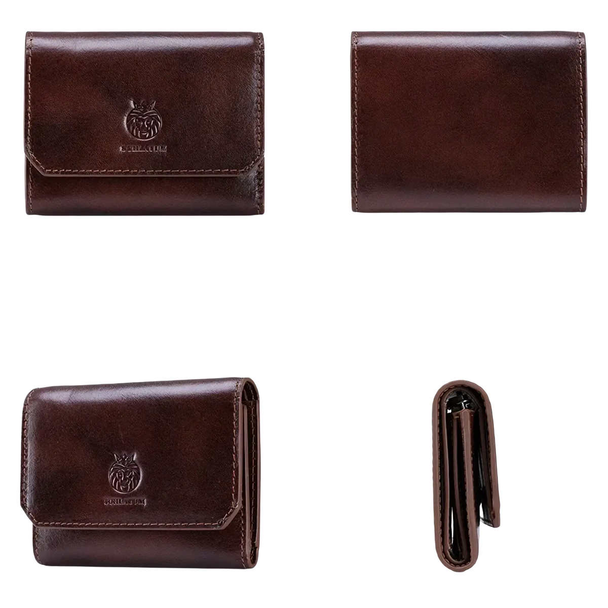 Rfid leather tri-fold wallet for men in brown with a subtle embossed lion logo on the front flap