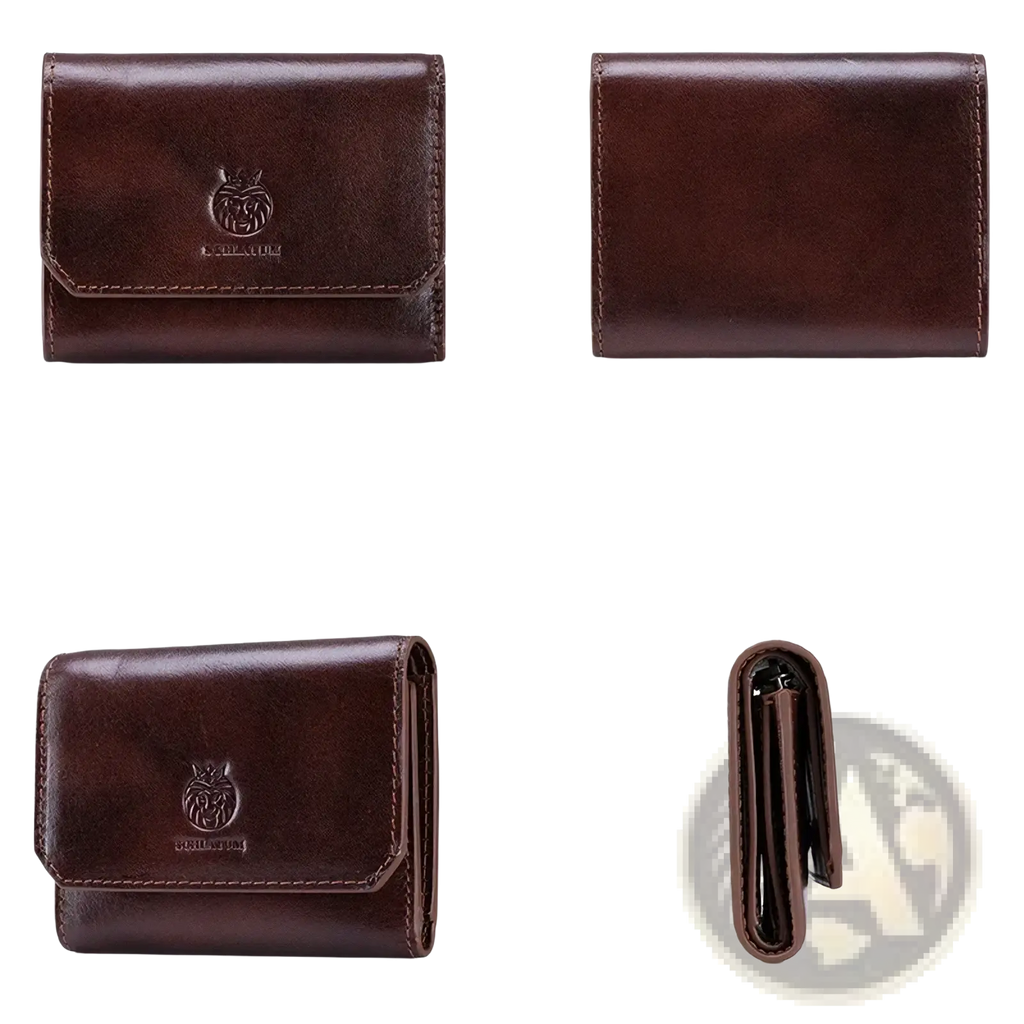 Rfid leather tri-fold wallet for men in brown with a subtle embossed lion logo on the front flap