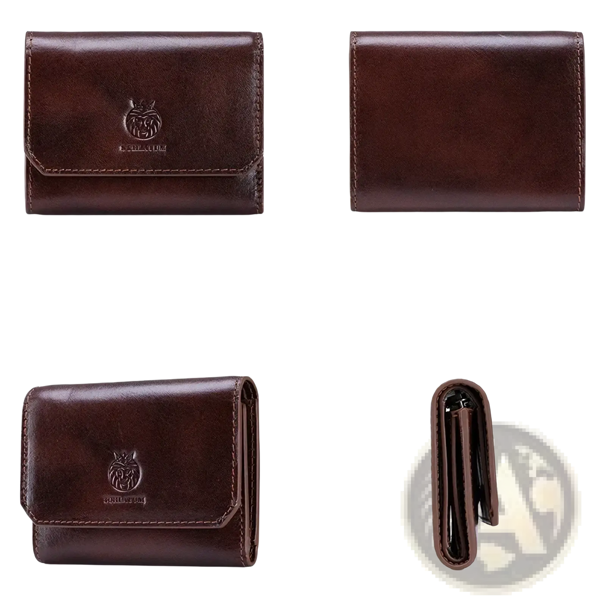 Rfid leather tri-fold wallet for men in brown with a subtle embossed lion logo on the front flap