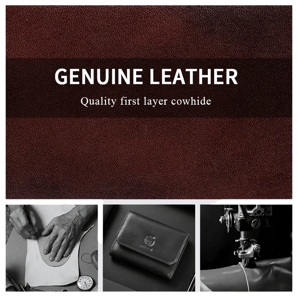 Dark brown genuine leather RFID tri-fold wallet for men made from quality first layer cowhide