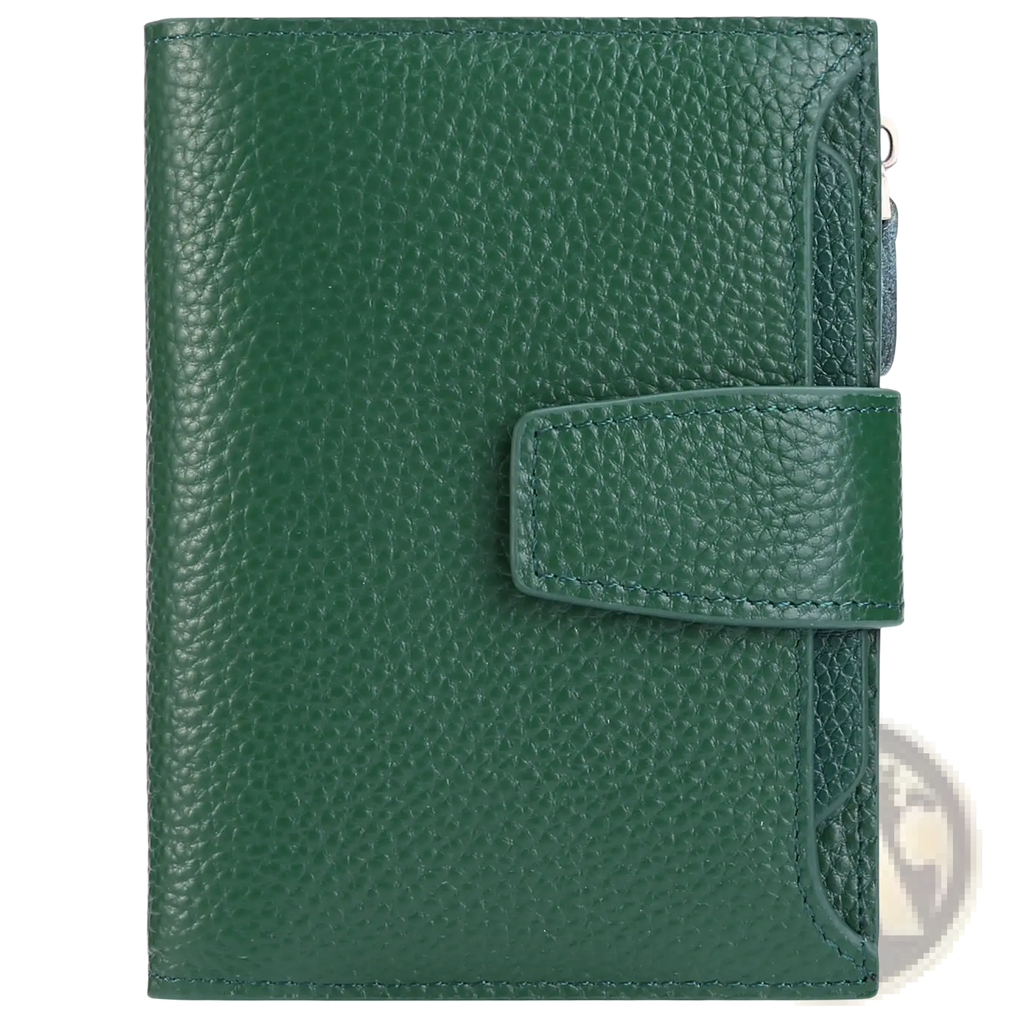 Rfid leather wallet in deep green textured leather with matching flap closure and subtle stitching details
